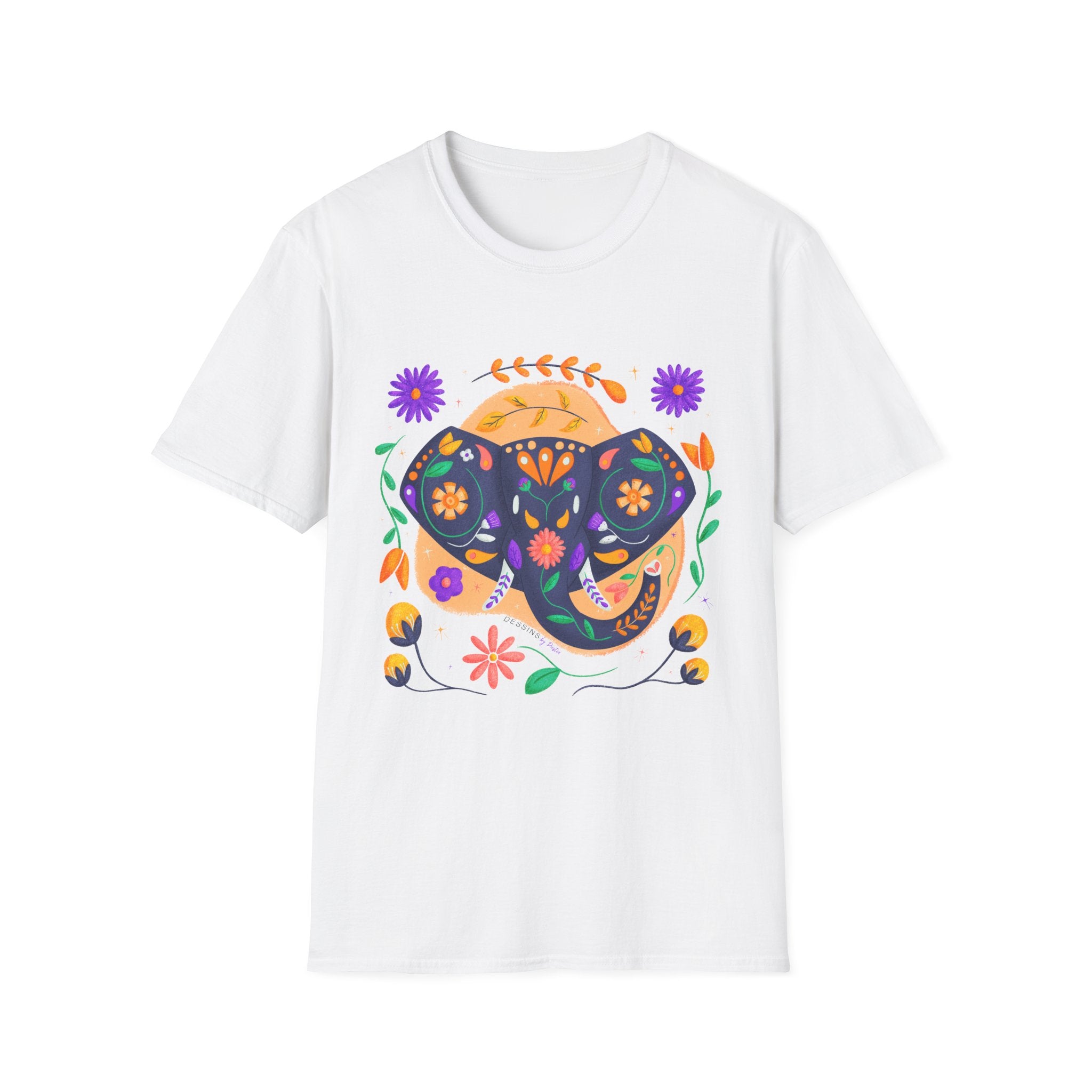 Folk Art Floral Elephant T-Shirt — Nordic-Style Handpainted Floral Elephant Tee