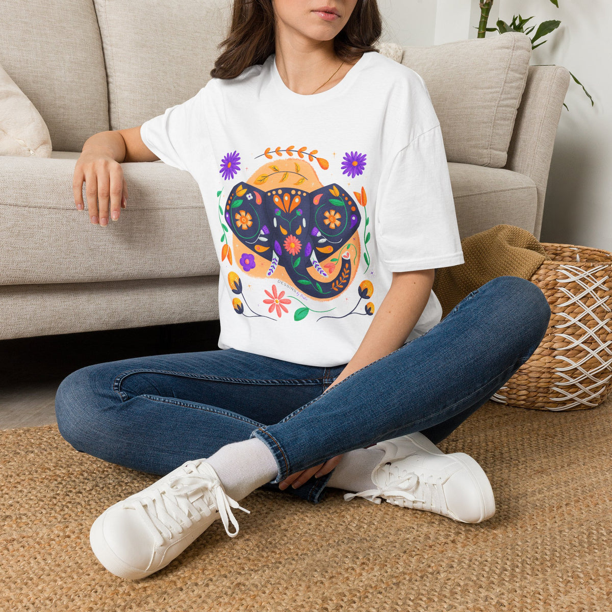 Folk Art Floral Elephant T-Shirt — Nordic-Style Handpainted Floral Elephant Tee