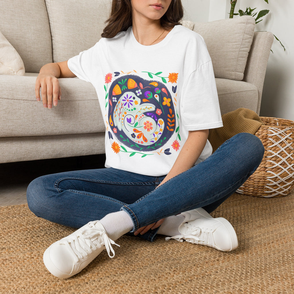 Nordic Folk Floral Rabbit T-Shirt — Whimsical Hand-Painted Rabbit Tee