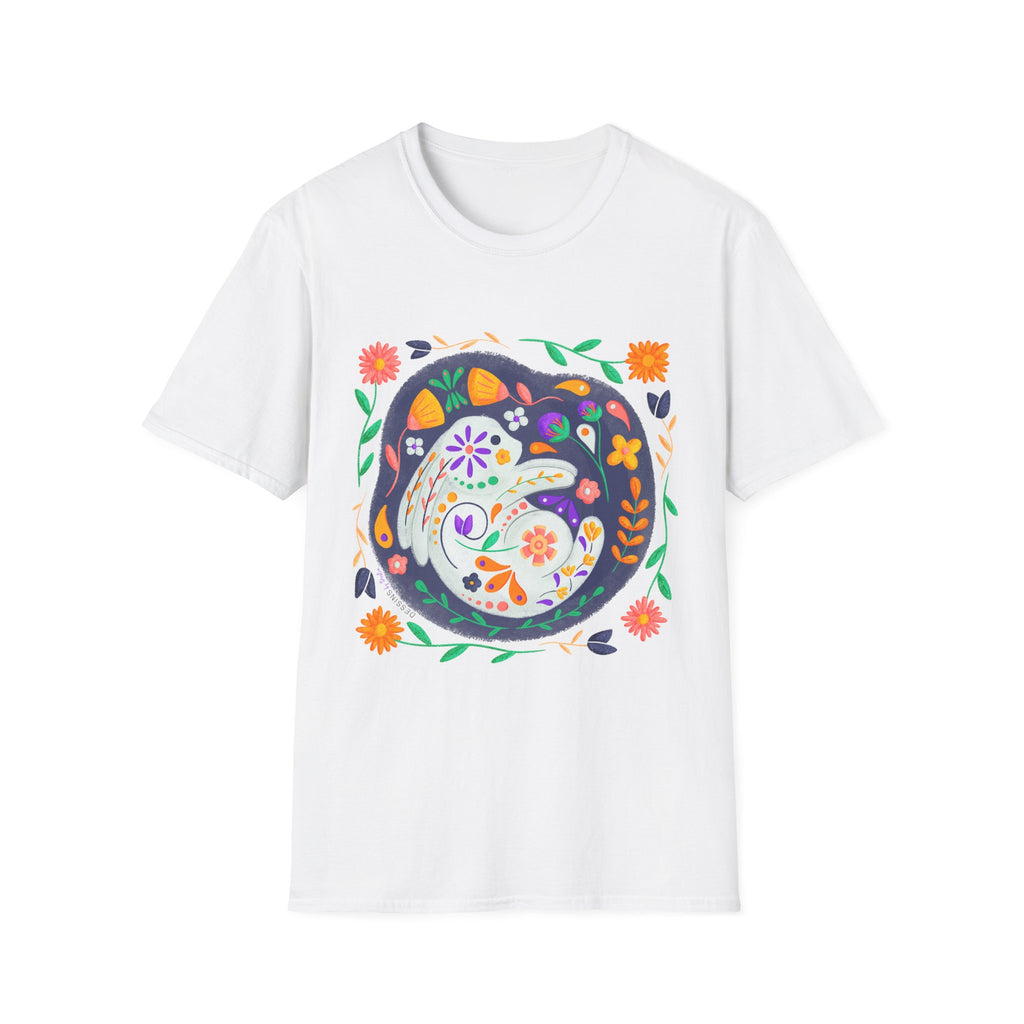 Nordic Folk Floral Rabbit T-Shirt — Whimsical Hand-Painted Rabbit Tee