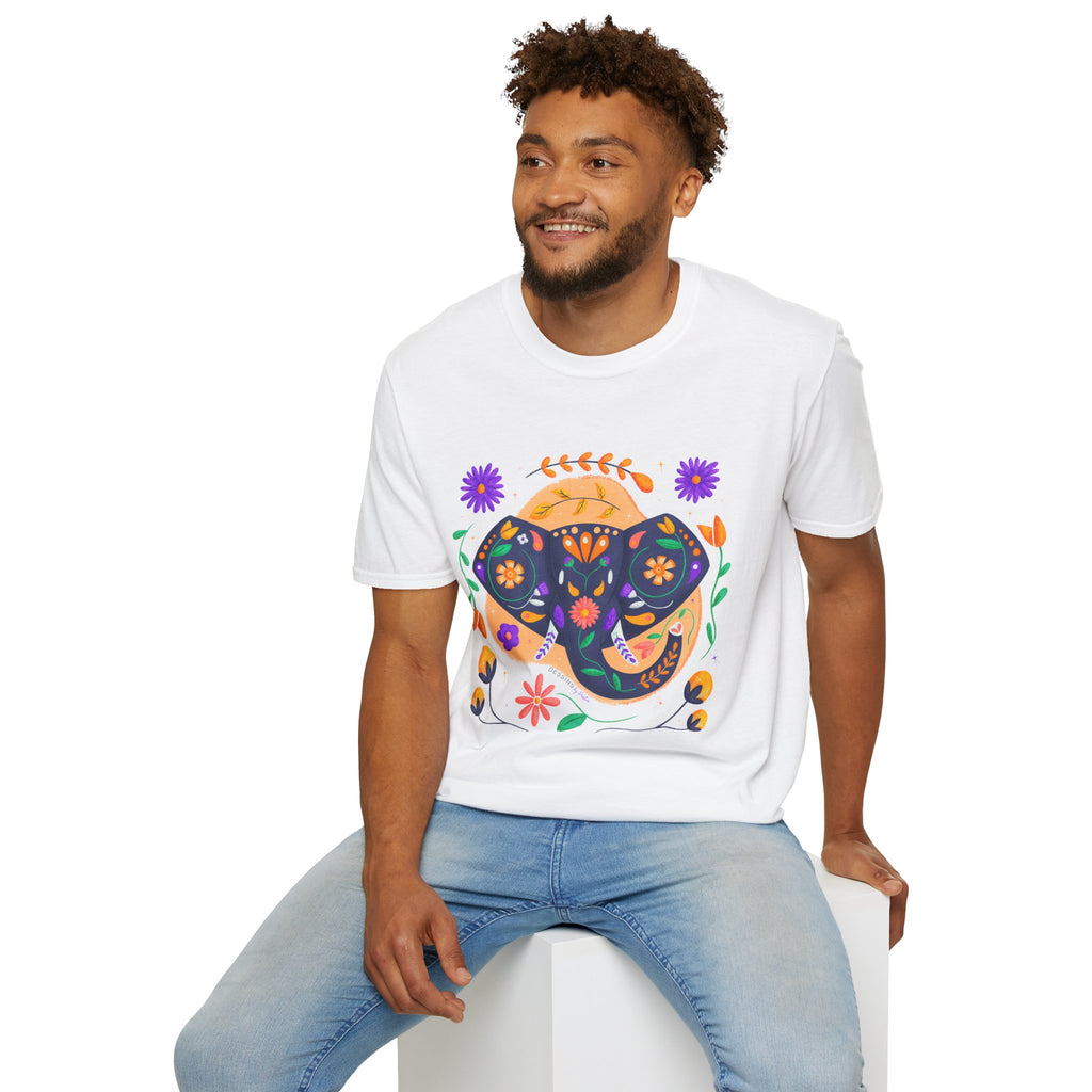 Folk Art Floral Elephant T-Shirt — Nordic-Style Handpainted Floral Elephant Tee