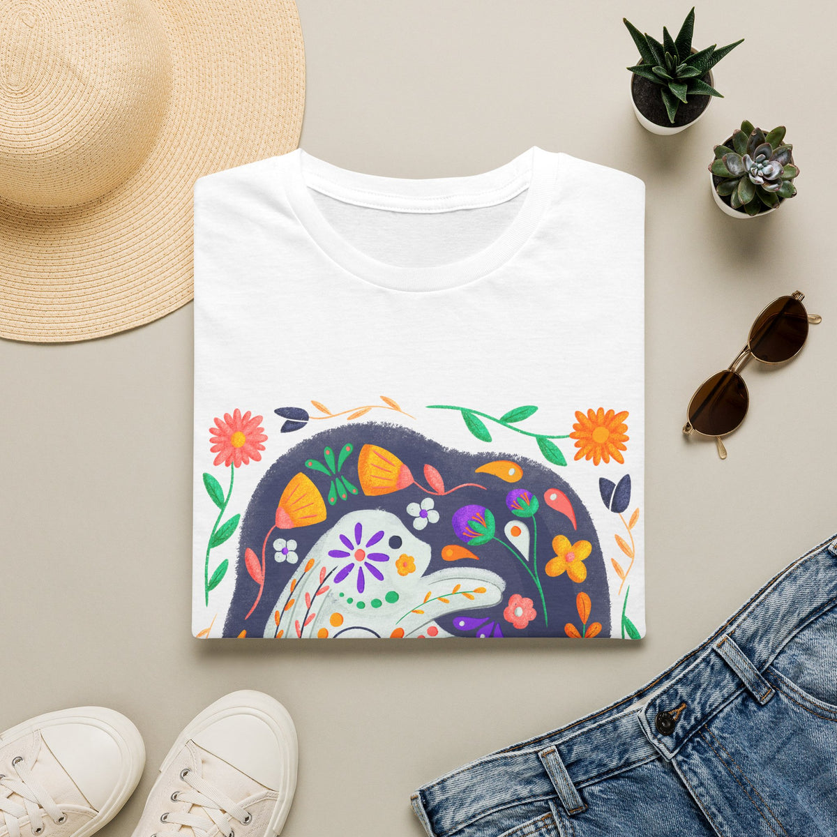 Nordic Folk Floral Rabbit T-Shirt — Whimsical Hand-Painted Rabbit Tee