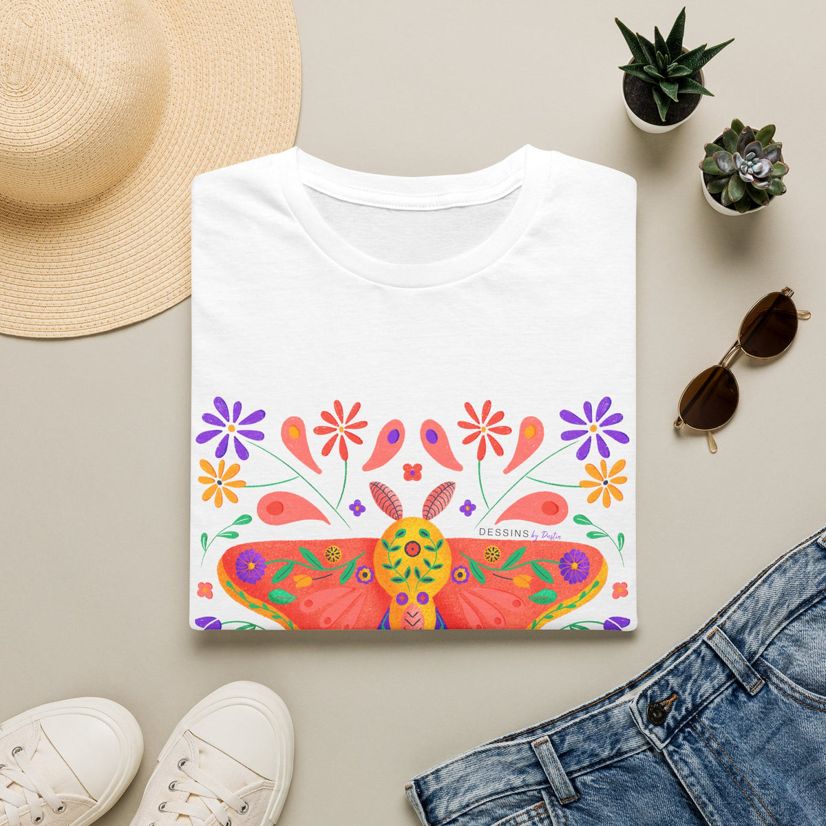 Folk Art Butterfly T-Shirt — Colorful Floral Moth Tee