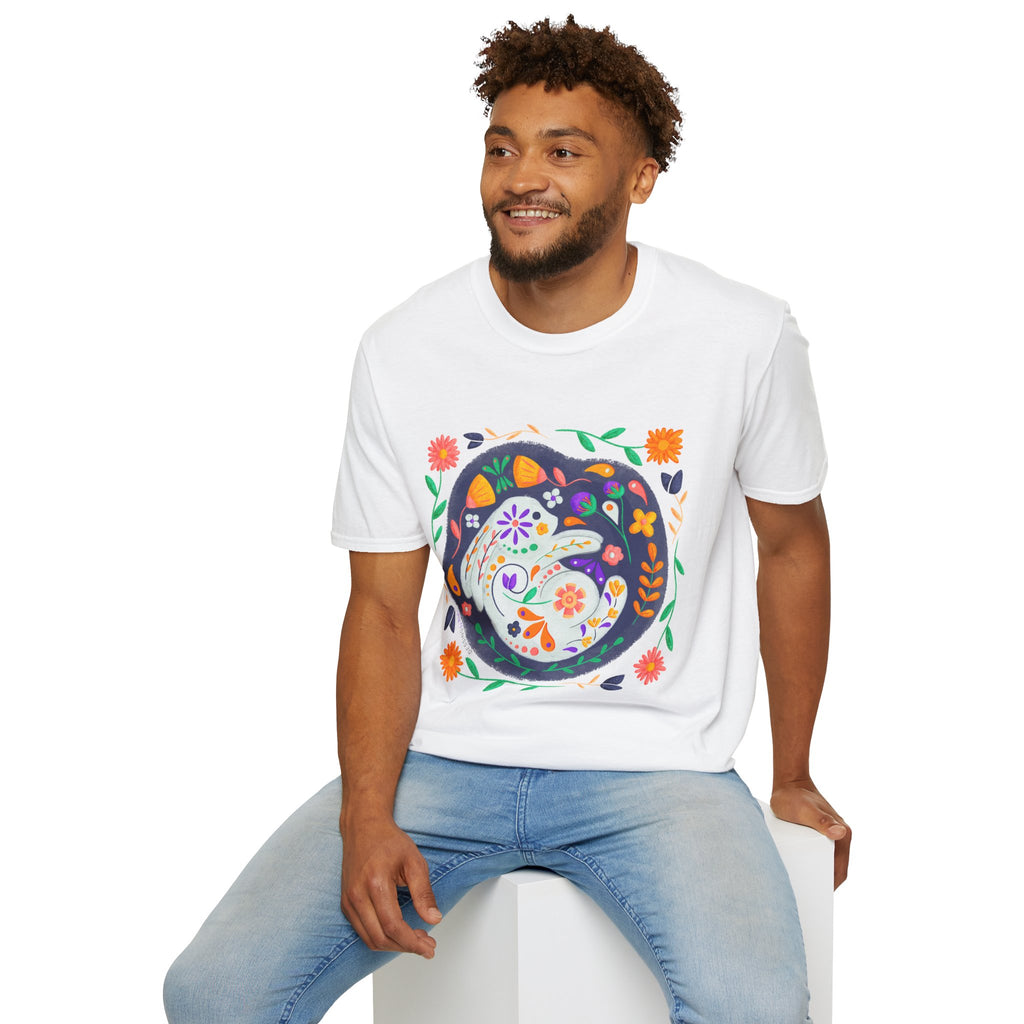 Nordic Folk Floral Rabbit T-Shirt — Whimsical Hand-Painted Rabbit Tee